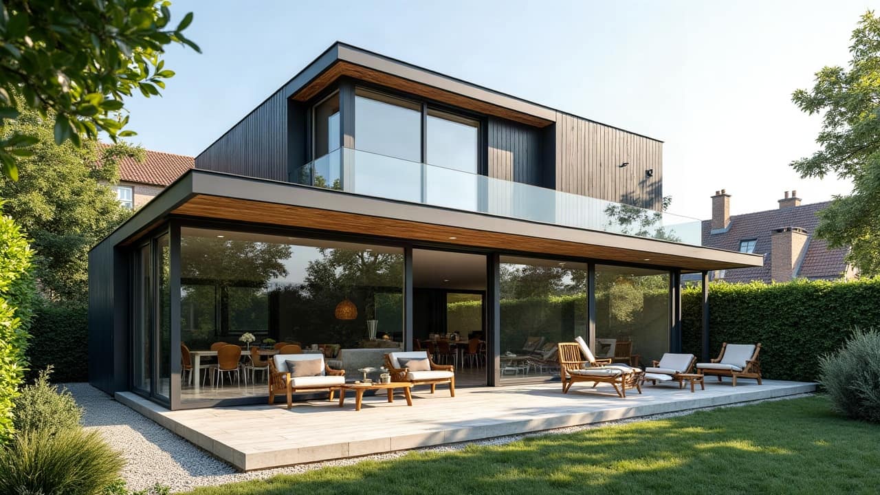 Vue d'ensemble d'une véranda toit plat avec pergola bioclimatique adossée, lames fermées, terrasse et jardin baignés de lumière douce